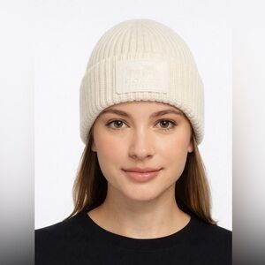 NWT - Coach Ivory Cream Ribbed Knit Patch Beanie